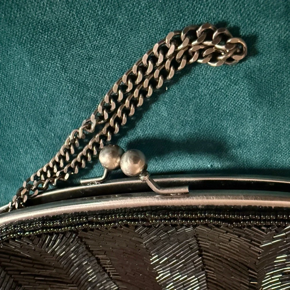 The Limited Beaded Evening Clutch‎ Purse Black Glass Bead Silver Chain Y2K 9